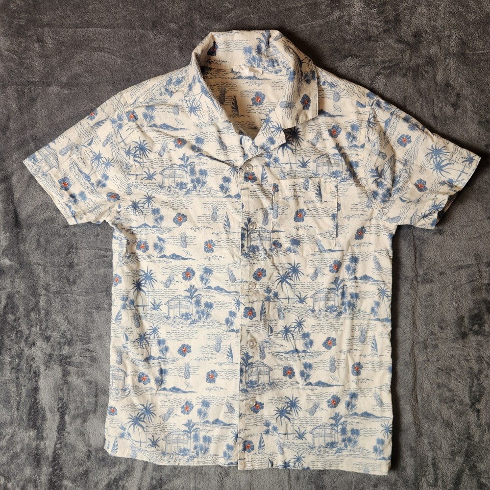 Scene & Heard Boys Linen Blend Tropical Palm Tree Button Down Shirt Size 8 Blue